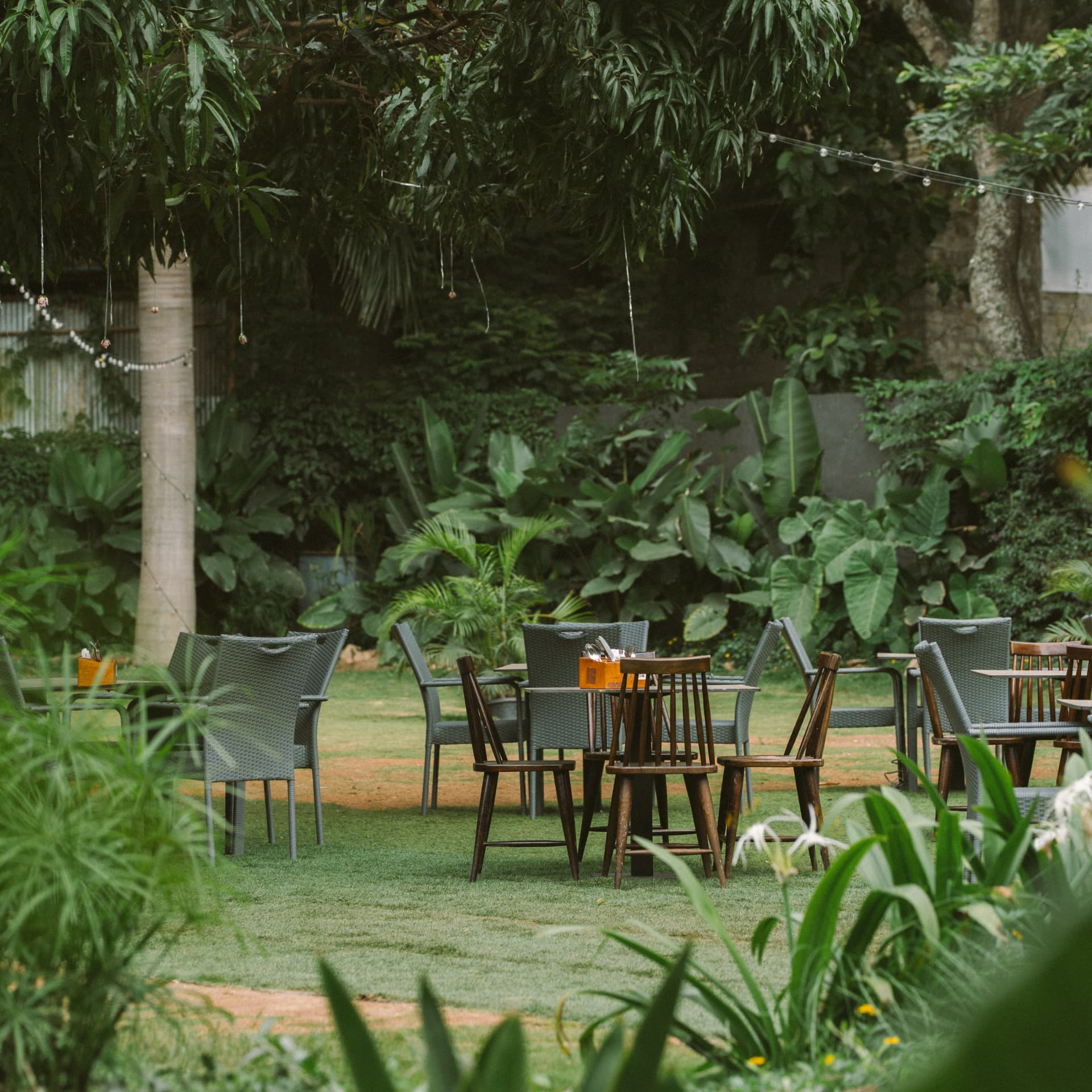 Garden seating on the lawn under old trees
