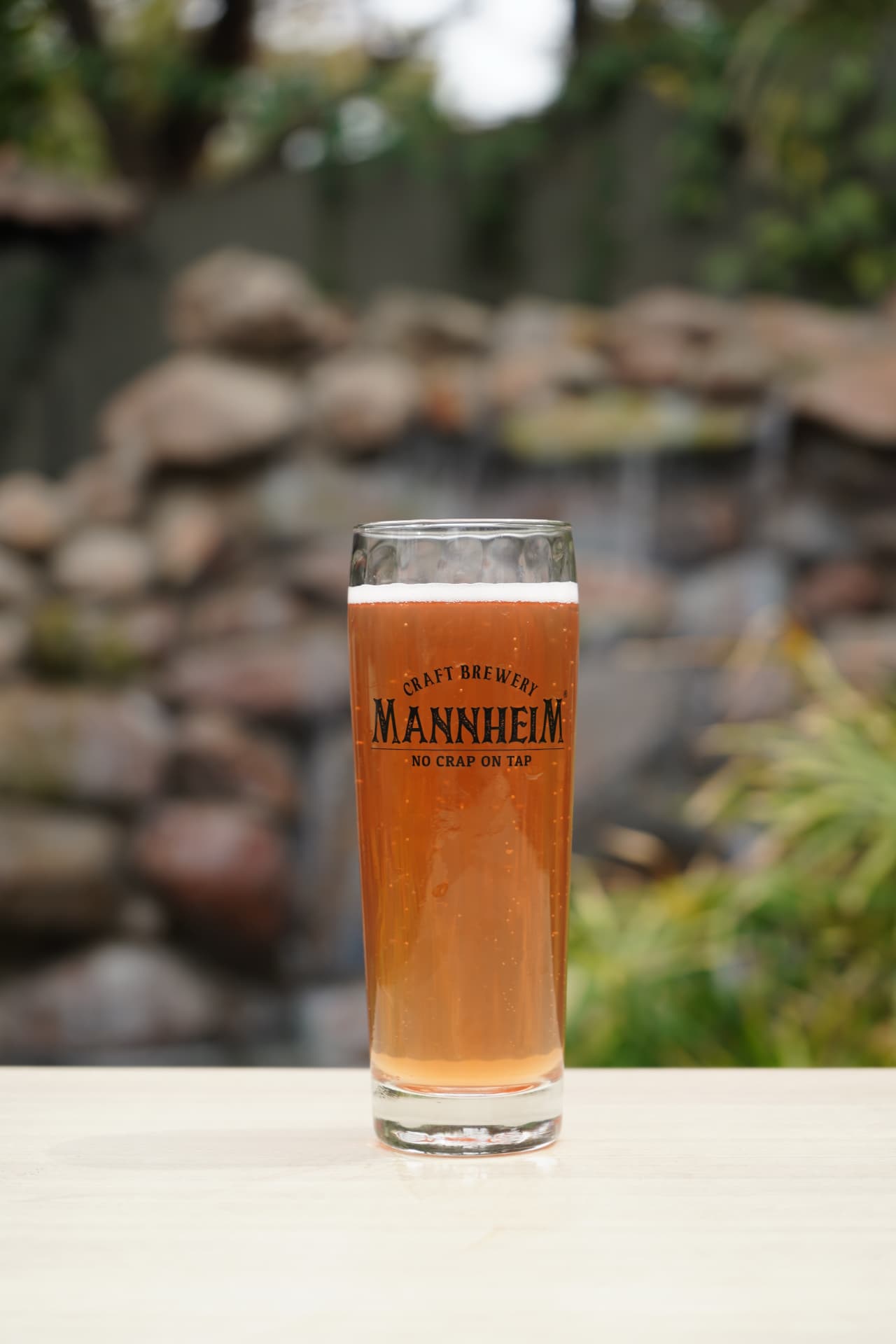 Mannheim amber ale in a branded glass