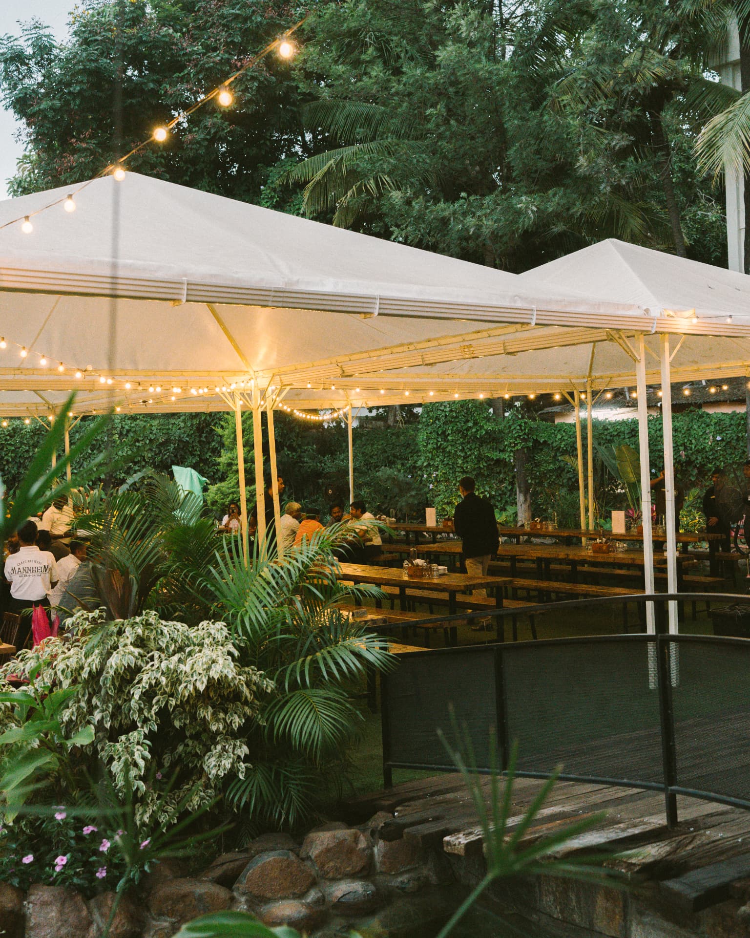 Evening under the canopy lights in the beer garden