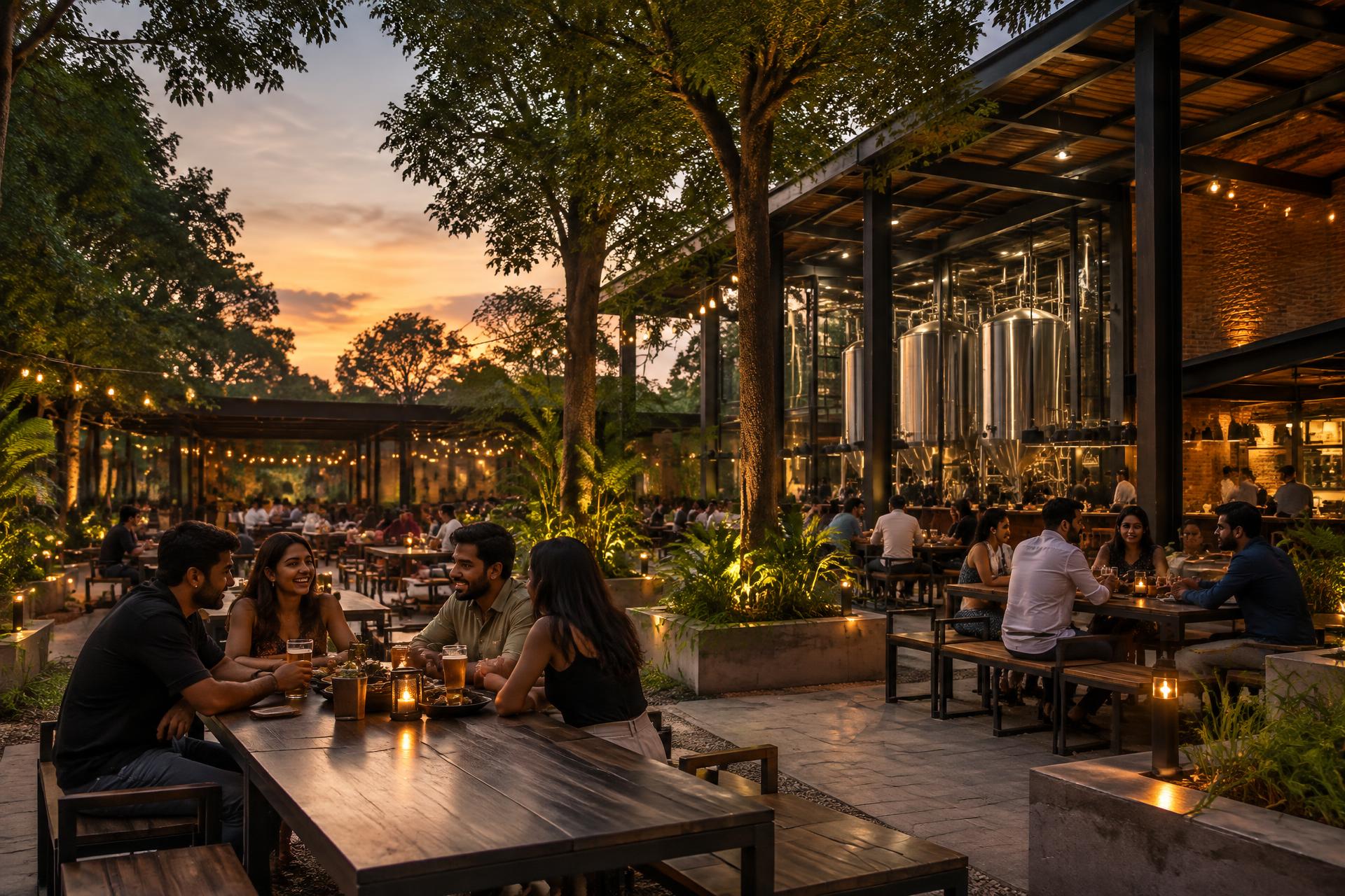 Open-air craft brewery surrounded by trees at sunset